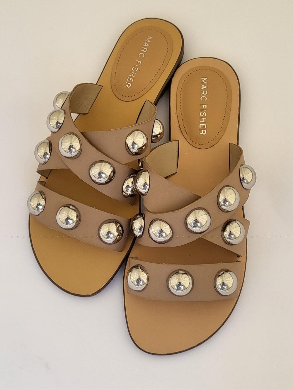Marc Fisher Beige/Nude Slide Sandals with Silver Studs